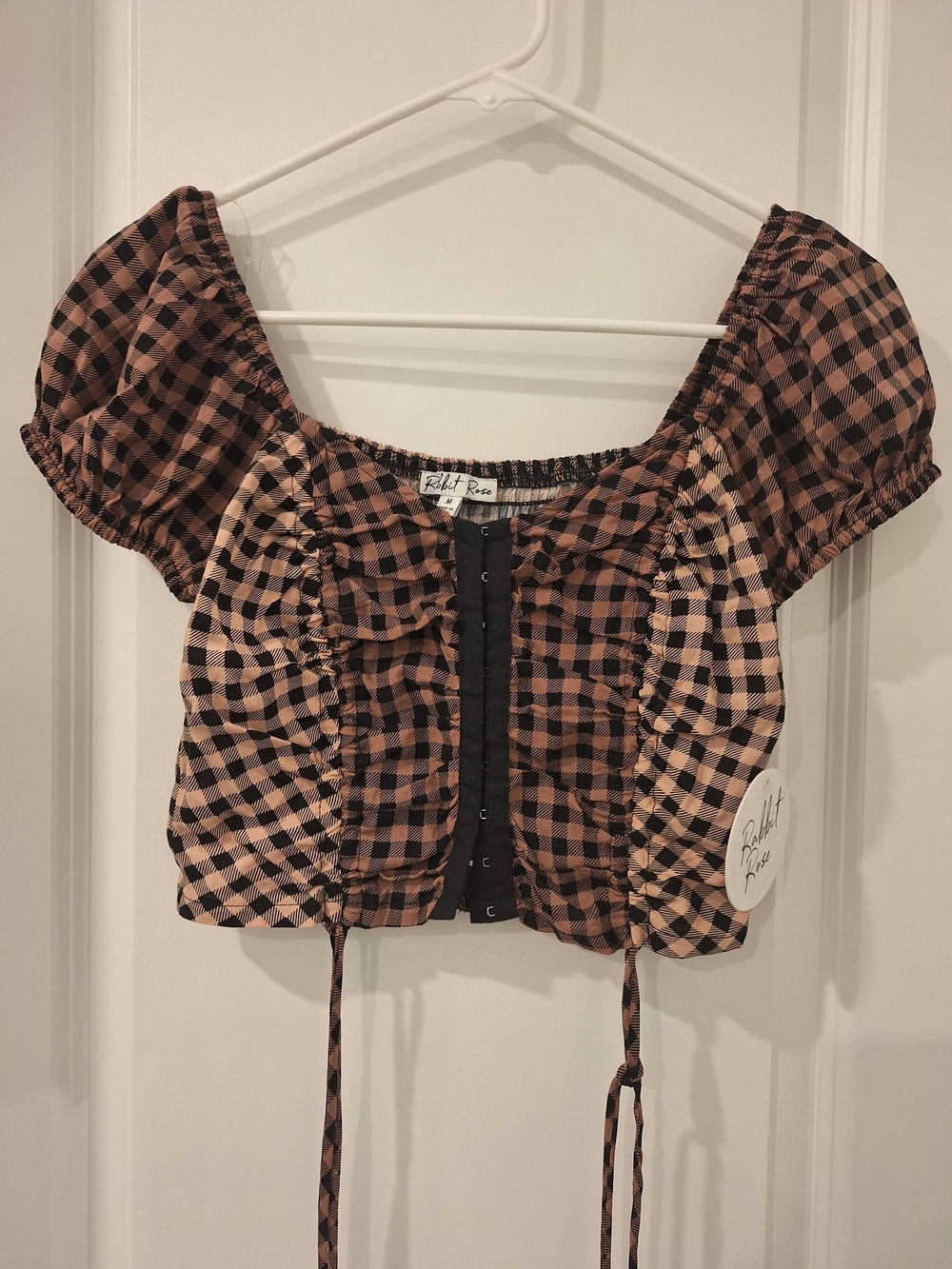 Roller Rabbit Brown and Black Gingham Puff Sleeve Crop Top